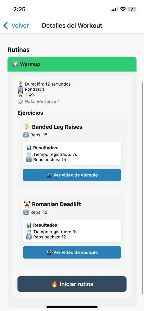 Detalles del workout con ejercicios, repeticiones esperadas, tiempo registrado y repeticiones completadas